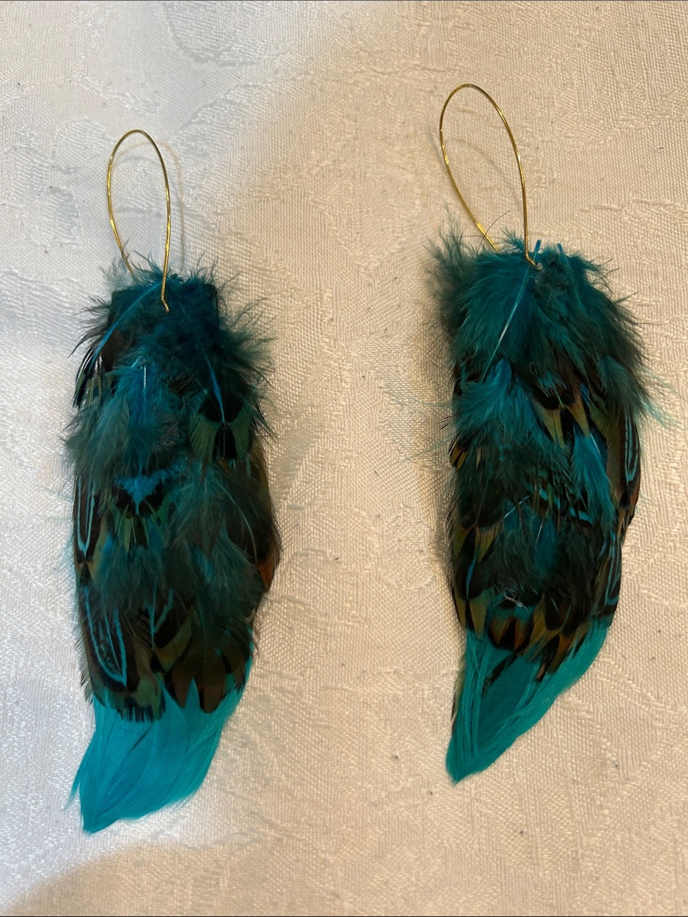 Teal Feather Drop Earrings - Bold Boho Statement. 4” long x2” long